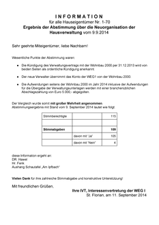 Ergebnisse der Sitzung vom 9. September 2014