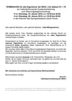 Einladung zur Unterzeichnung der Zusatzvereinbarung zum Wohnungseigentumsvertrag